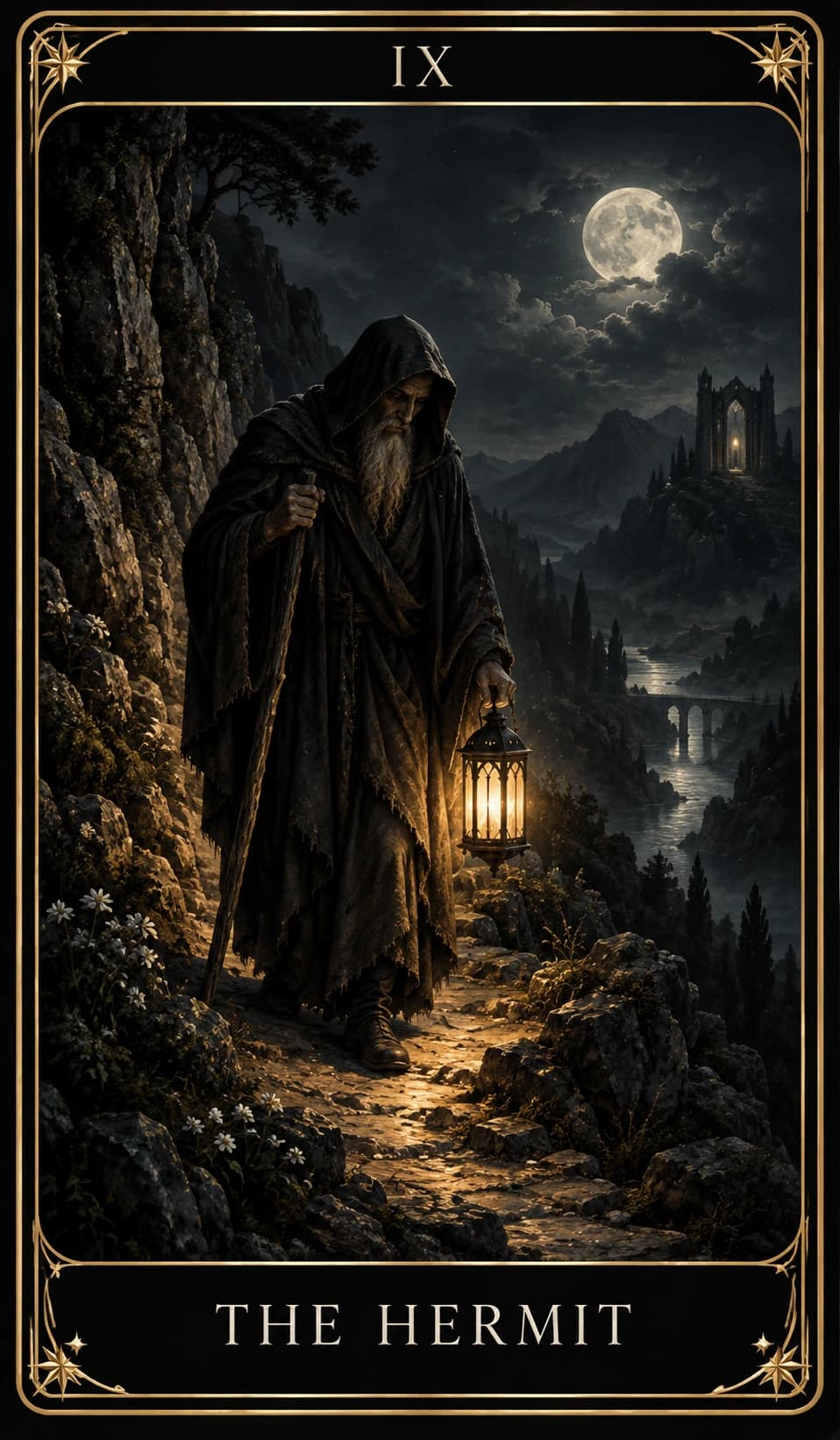 The Hermit from the Nine Tarot, upright.