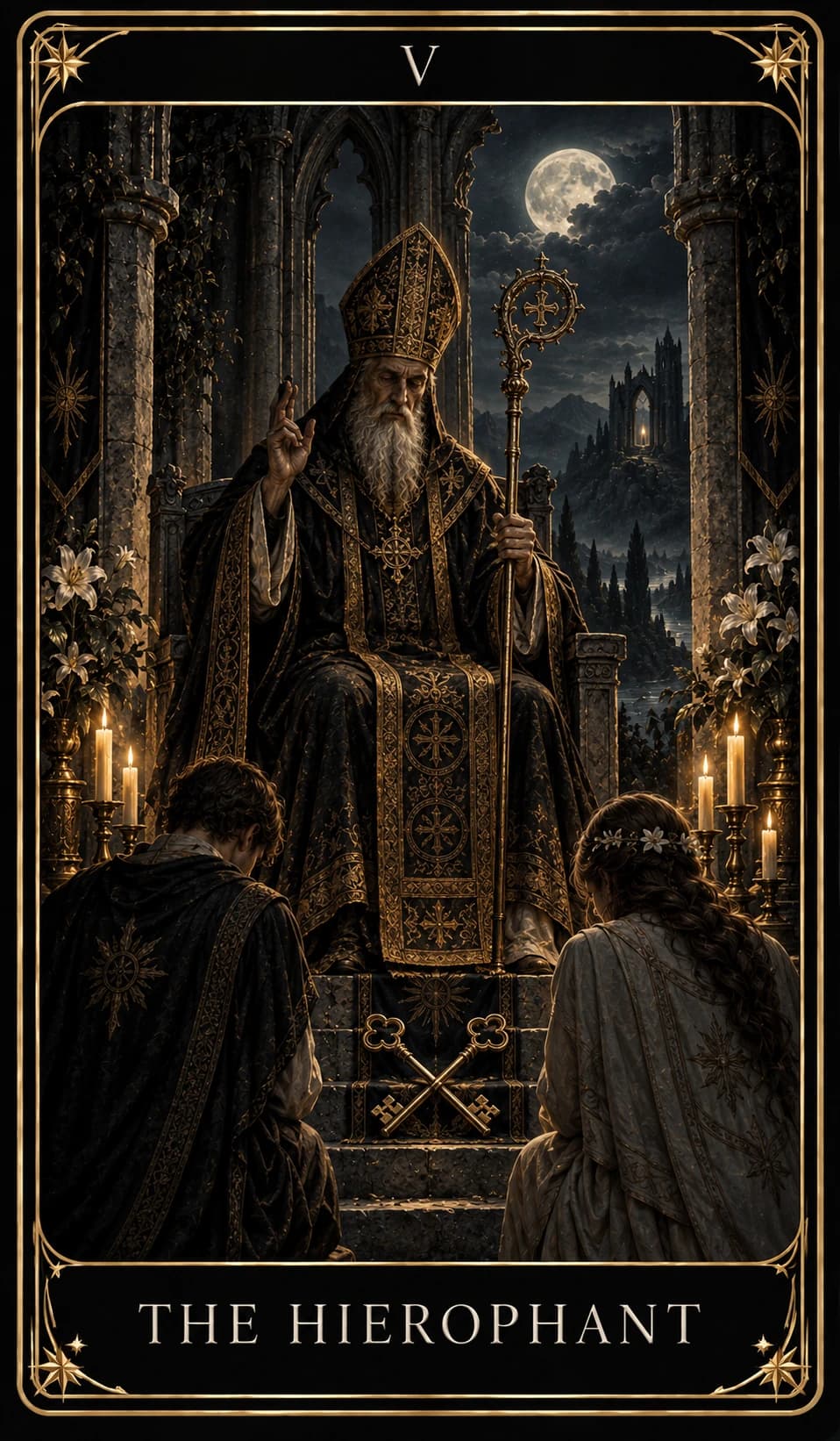 The Hierophant from the Nine Tarot, upright.