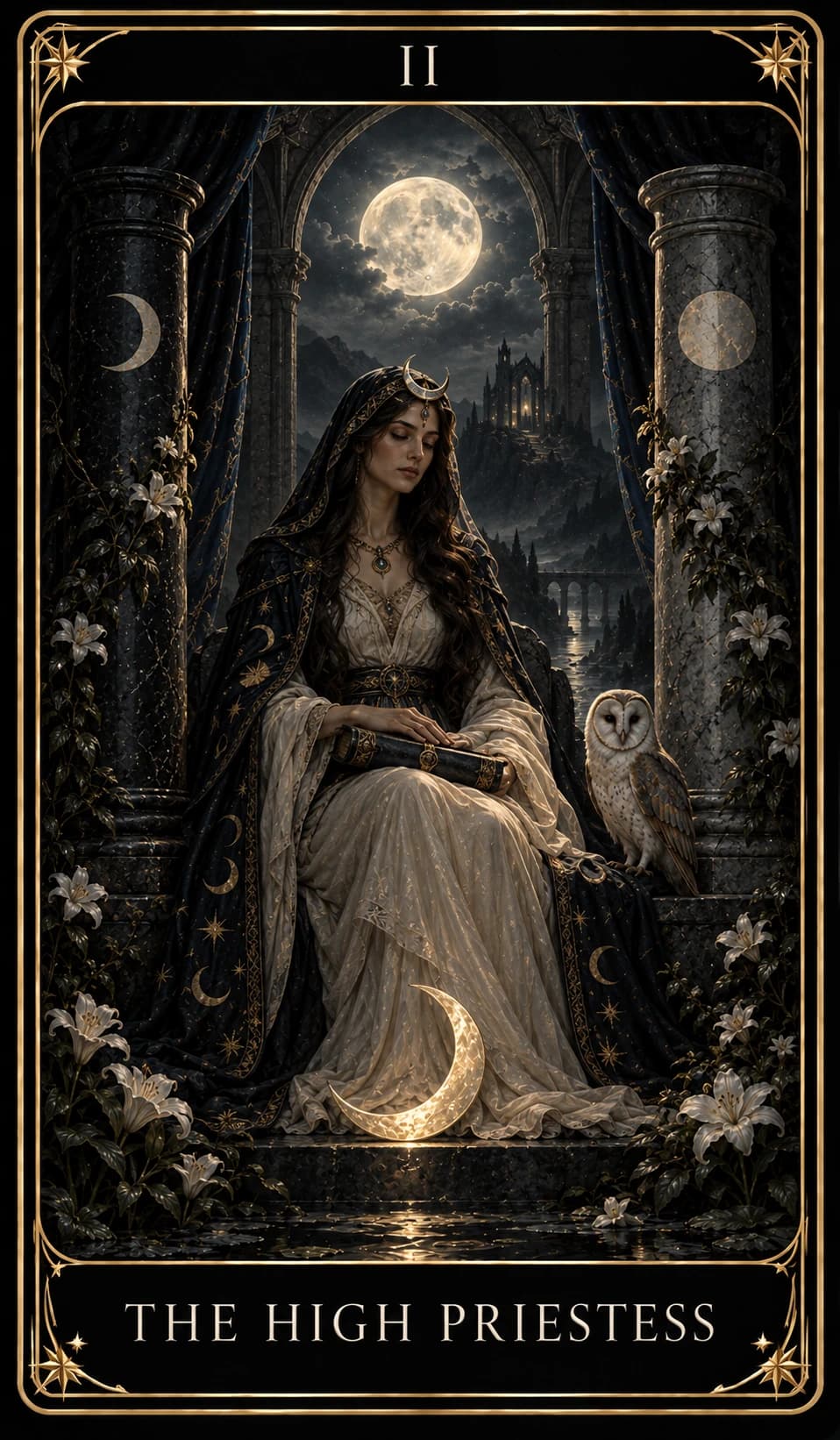 The High Priestess from the Nine Tarot, upright.