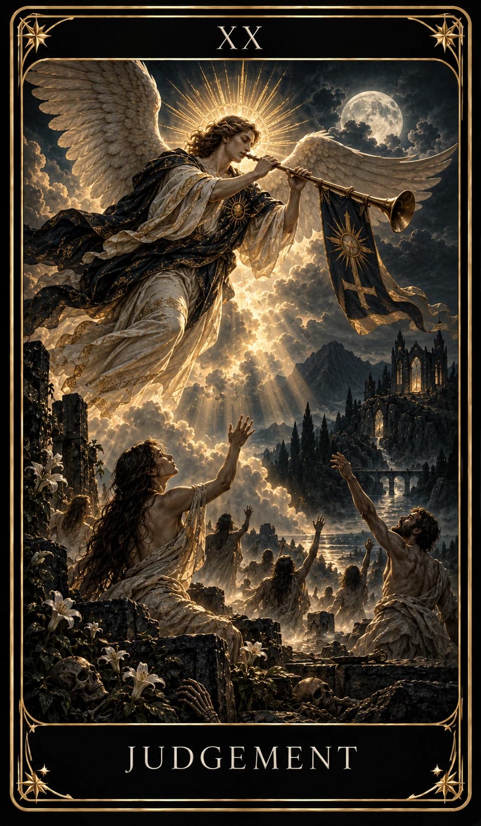 Judgement from the Nine Tarot, upright.