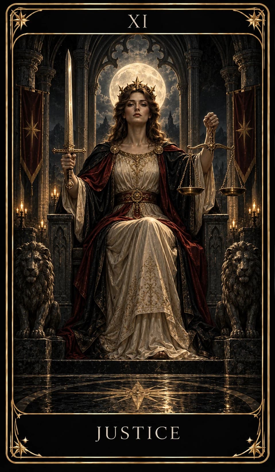 Justice from the Nine Tarot, upright.