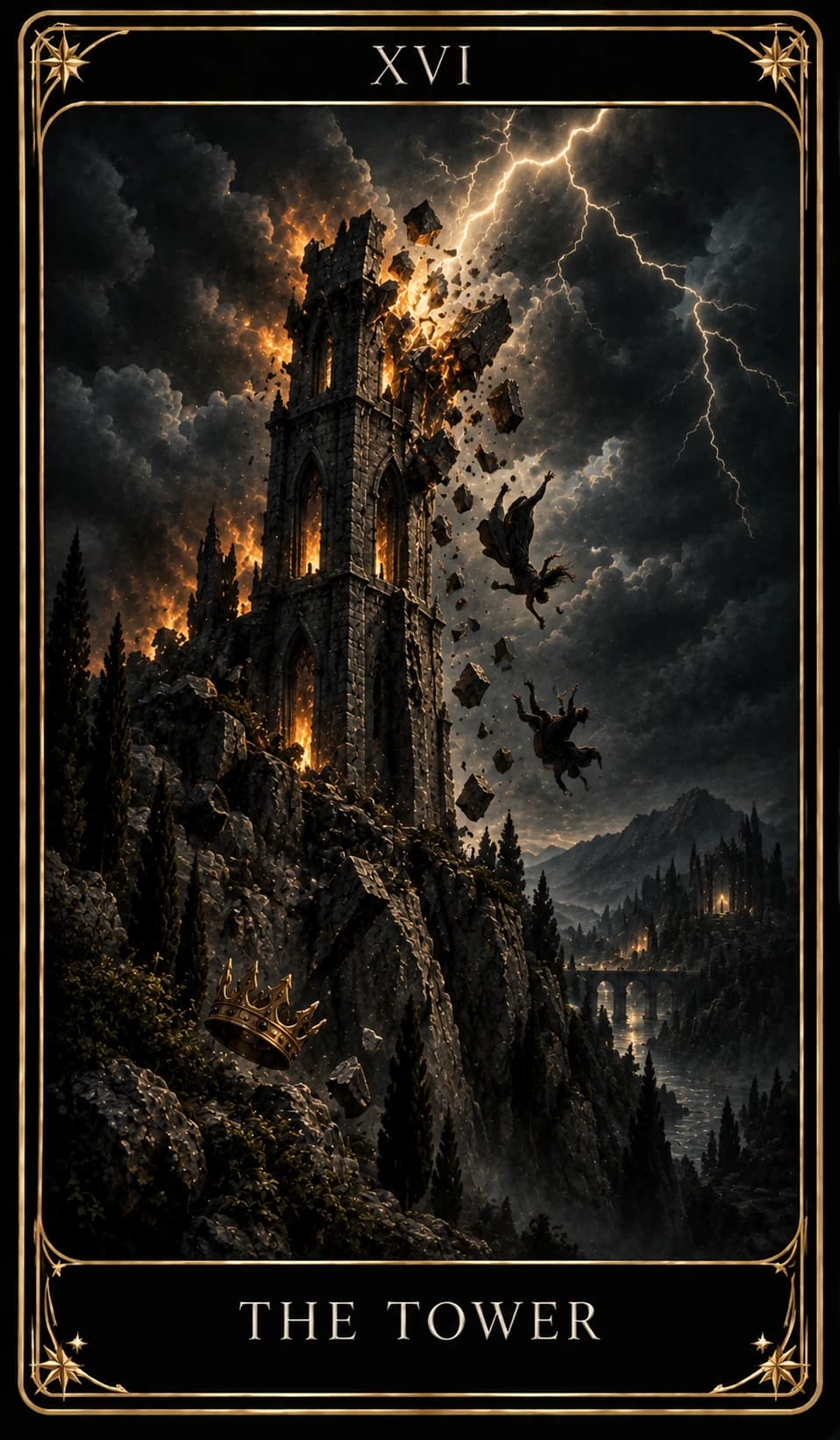 The Tower from the Nine Tarot, upright.