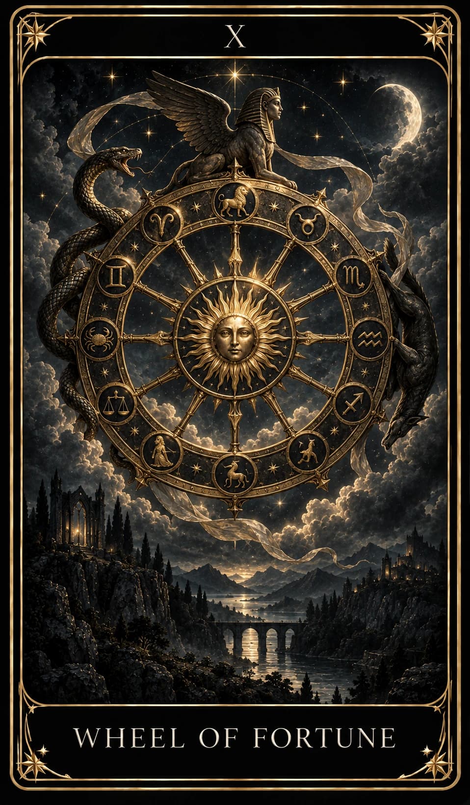 Wheel of Fortune from the Nine Tarot, upright.