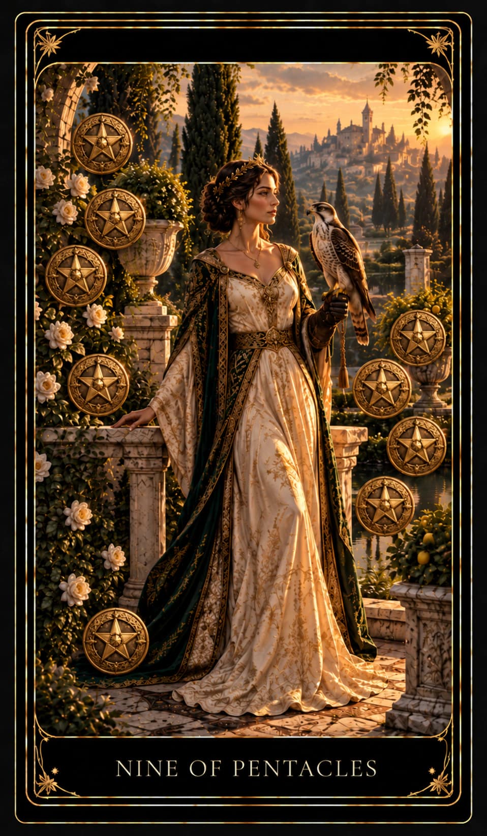 Nine of Pentacles tarot card, upright.