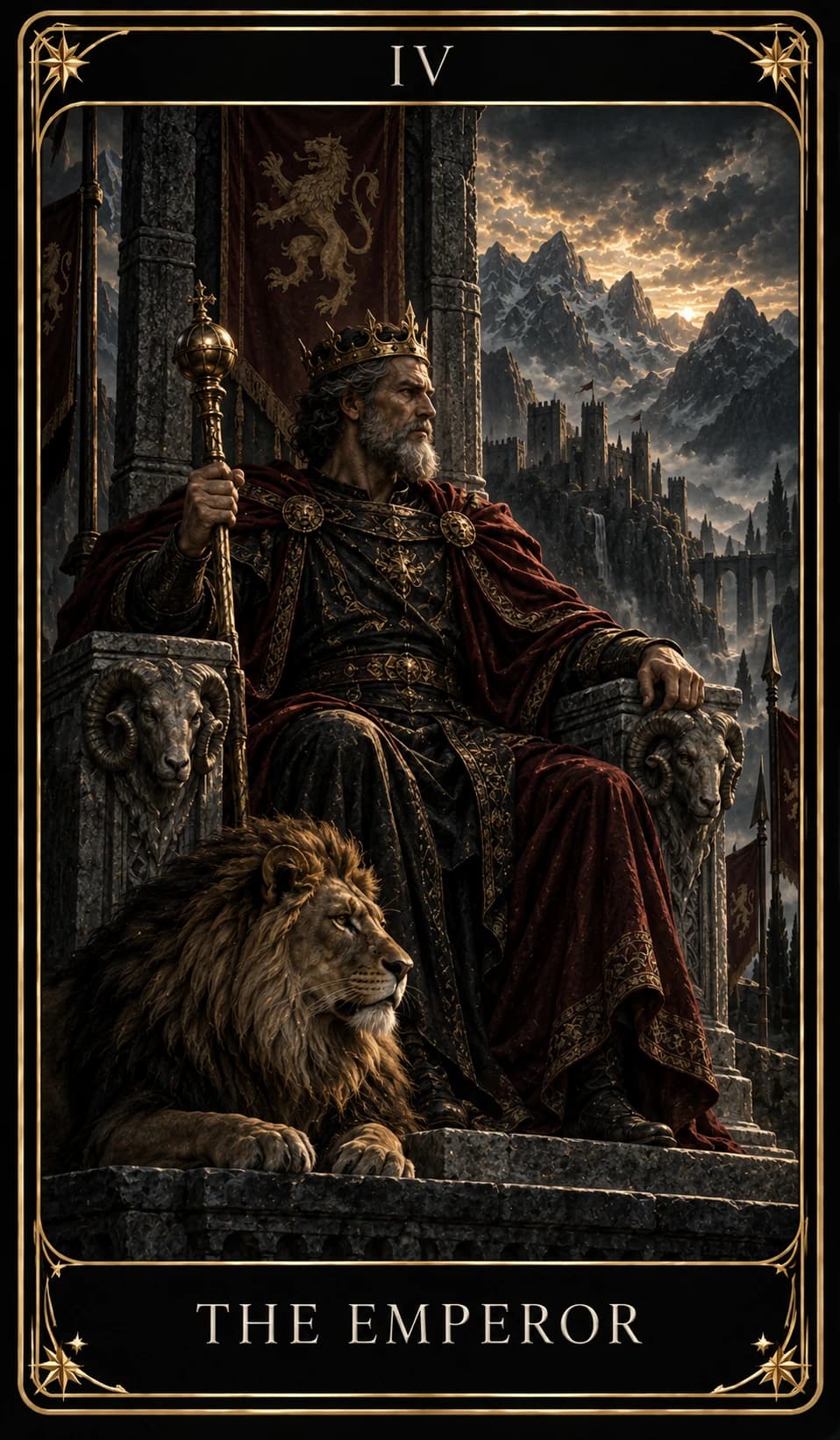 The Emperor from the Nine Tarot, upright.