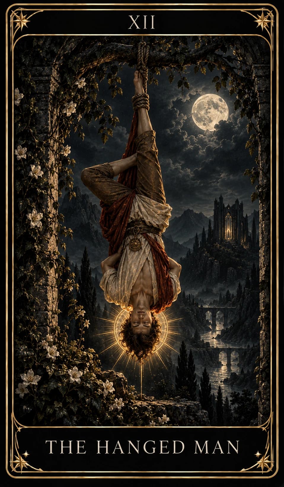 The Hanged Man from the Nine Tarot, upright.