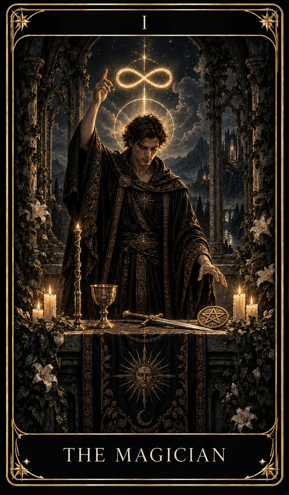 The Magician from the Nine Tarot, upright.